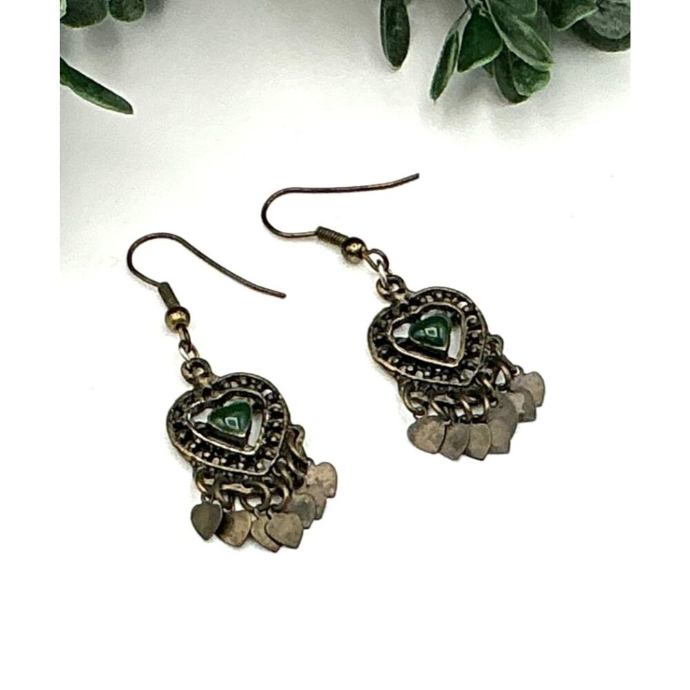 Vintage Inspired Heart Dangle Earrings With Green Stone Accent & Bronze Finish